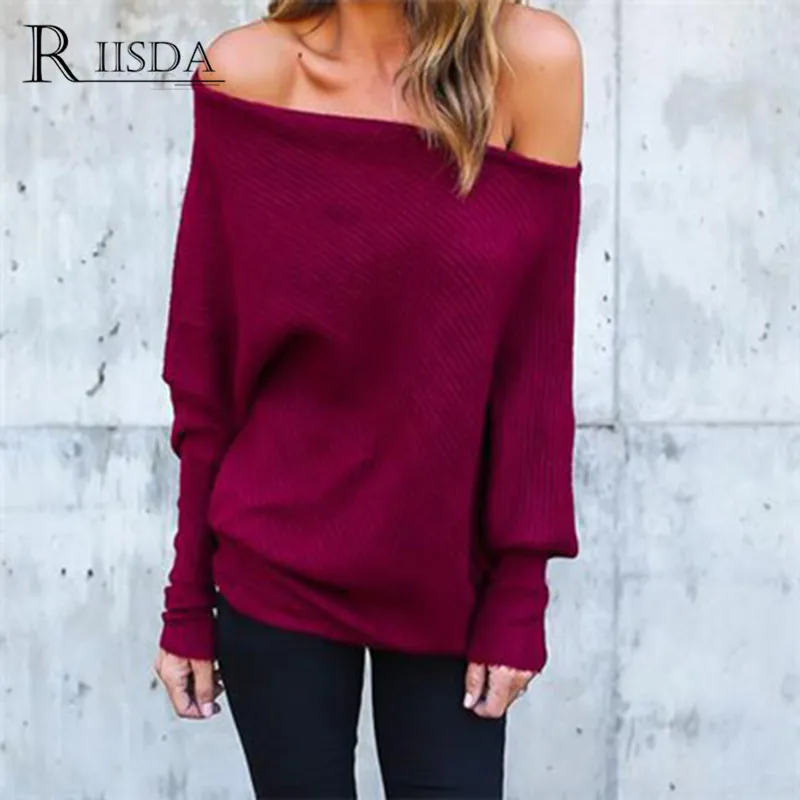 RIISDA Brand Fashion Women Sweater and Pullover Full Sleeve Solid Knitted Sweaters Casual Off Shoulder Jumper Tops 2018 | Женская одежда