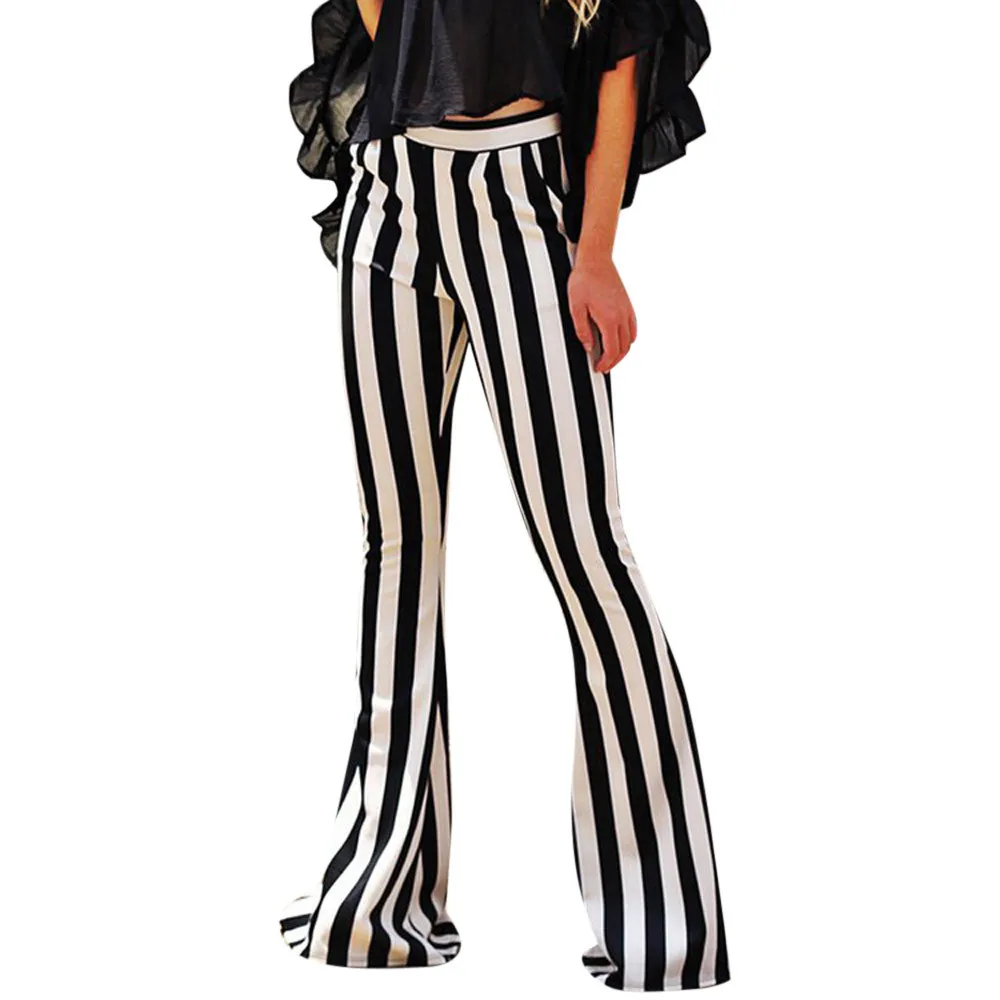 Фото Женские расклешенные брюки с высокой талией Стрейчевые длинные в Вертикальную