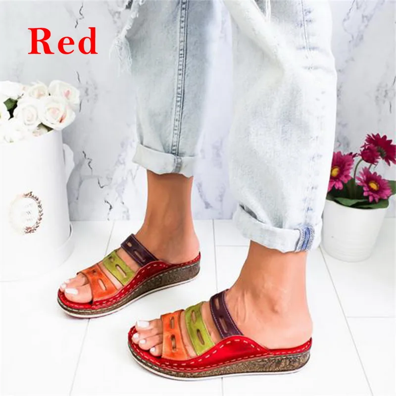 red MoneRffi/Прямая поставка; летние женские босоножки на плоской подошве; женская обувь на танкетке из искусственной кожи; сандалии; повседневные Вьетнамки; Femme; Босоножки на платформе - Цвет: red