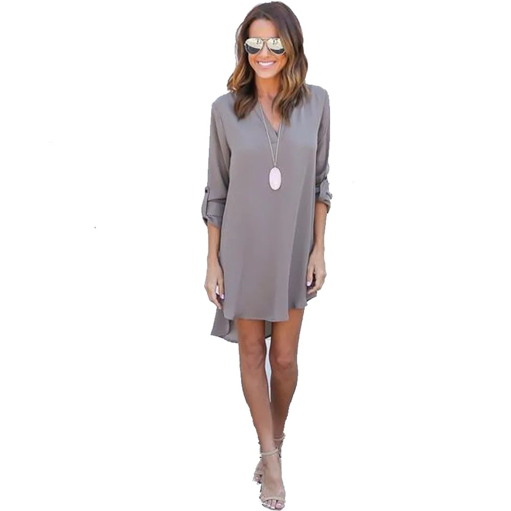 2019 new Women Casual Spring Summer chiffon V Neck Long Sleeve Chiffon solid color Mini Loose Dress Beach dress Plus Size S-5XL |