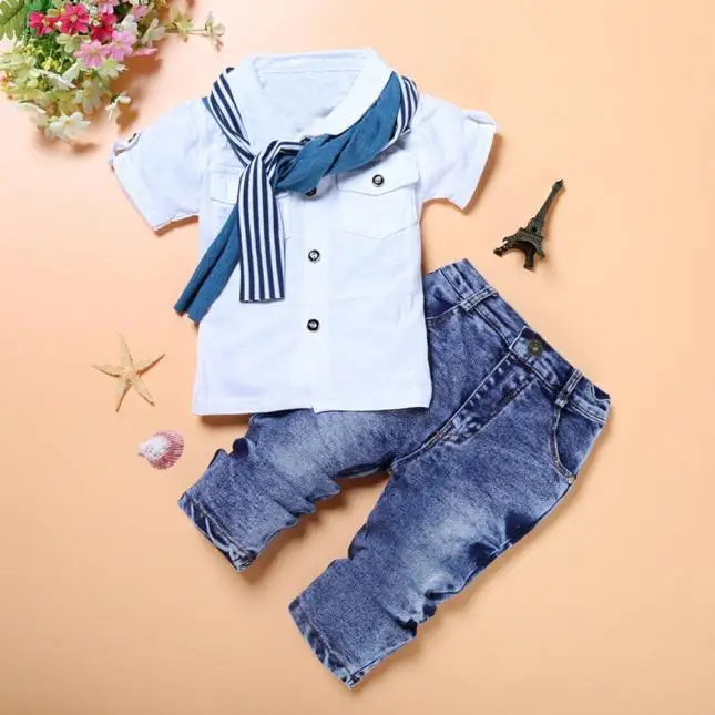 3PCS Clothing Sets Baby Boys Clothes Short Sleeve T-Shirt Tops + Scarf Trousers Conjunto Menino Kid Dropshipping | Детская одежда и