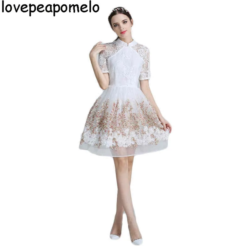 

2018 Spring and Summer New Women's Sweet Temperament Three-dimensional Flower Organza Lace Stitching Dress Slim Cheongsam D236