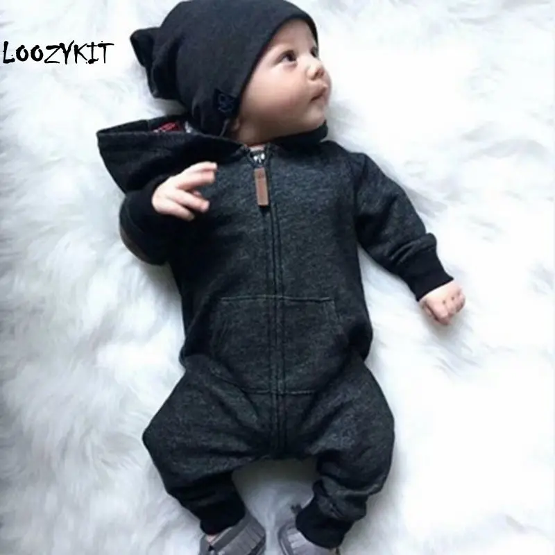 Loozykit/модный Детский комбинезон для маленьких мальчиков; комбинезон на молнии с капюшоном и длинными рукавами; цельнокроеный комбинезон; детская одежда на возраст от 0 до 24 месяцев