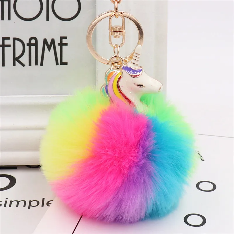 

2019 Lovely Unicorn Keychain Fluffy Rabbit Fur Keychain Pompom Rabbit Fur Artificial Keyring Women Car Bag Pendant BeadYS2-078