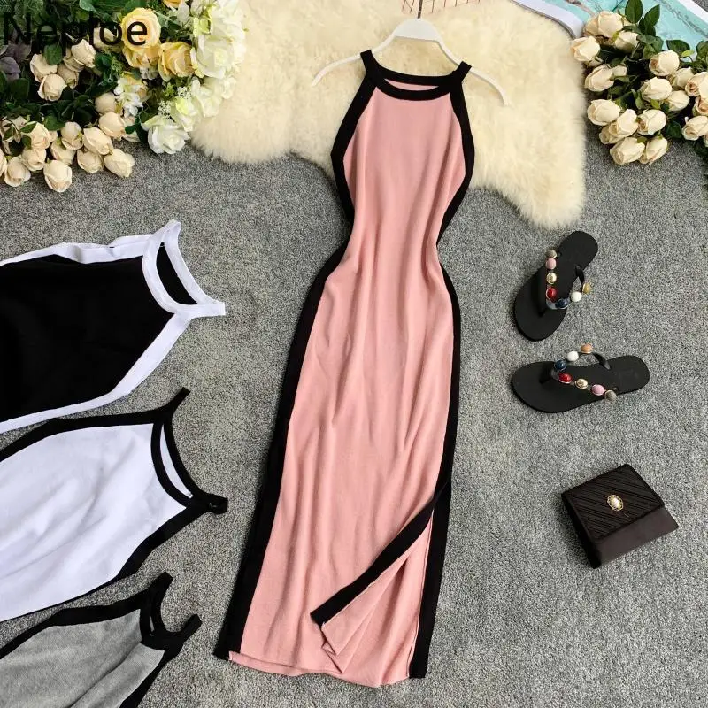 Женское трикотажное платье Neploe летнее облегающее контрастных цветов с лямкой на