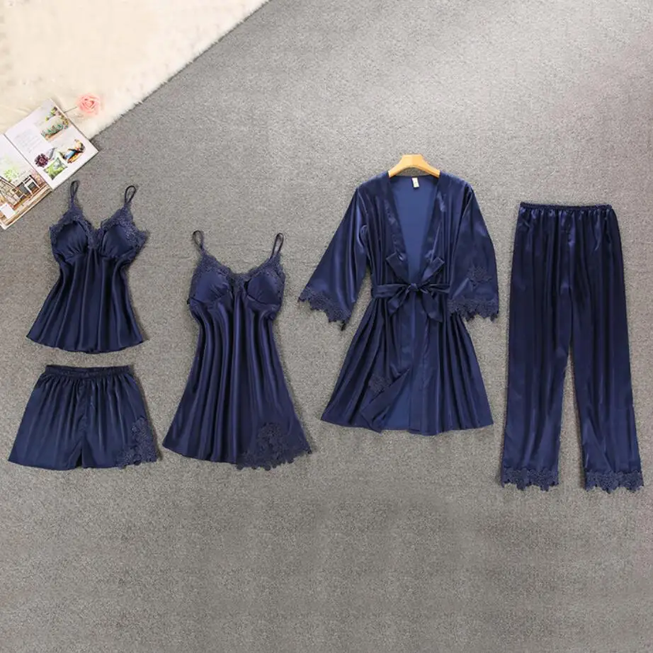 dark blue Для женщин пижамы 5 шт. атлас Pijama шелковые Домашняя одежда дома вышивка сна Lounge Пижама с нагрудники 999 - Цвет: dark blue