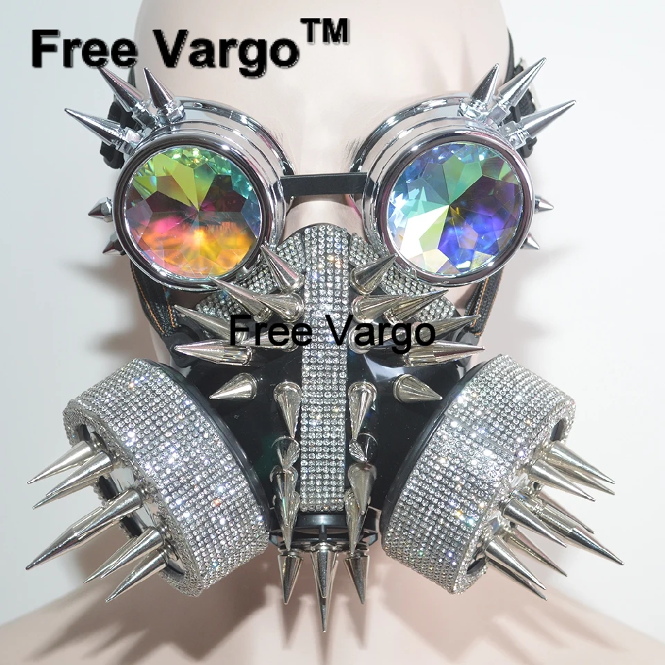 

Streampunk Holographic Goggles Burning Man Rhinestone Rivet Mask Halloween Rave Stage Costumes Cosplay Festival Clothes Outfit