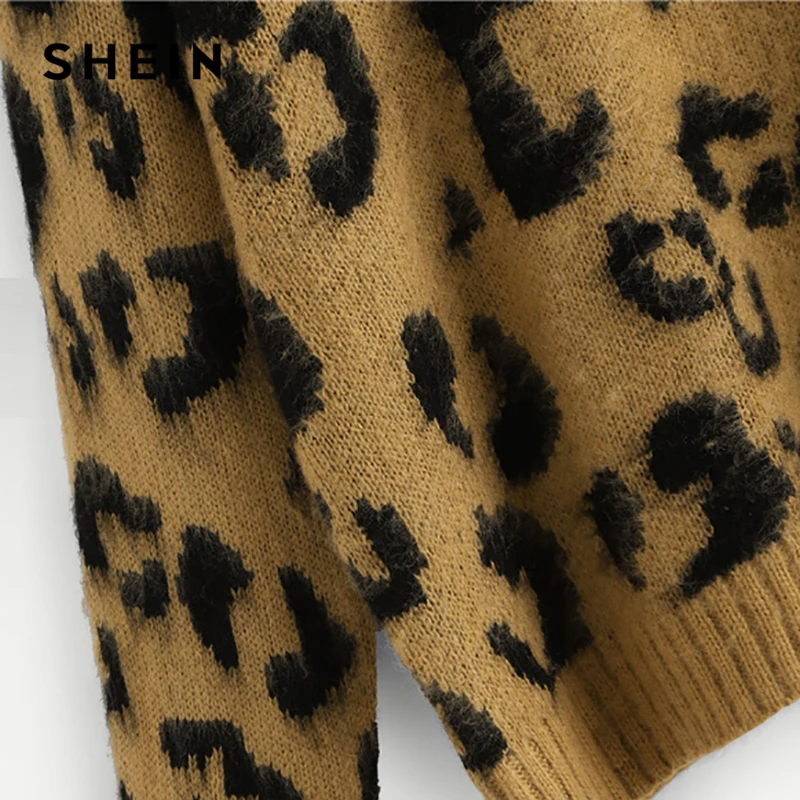 SHEIN Свитер С Леопардовым Принтом И Длинным Рукавом, Джемпер С Животным Принтом И Круглым Вырезом