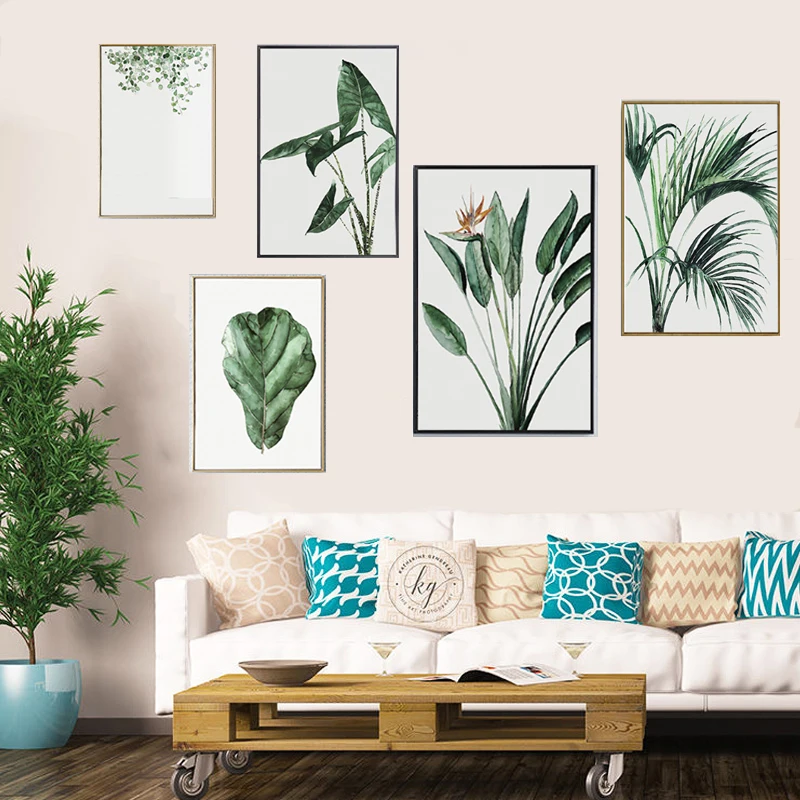 Акварельные растения зеленые листья холст картина художественный Принт плакат