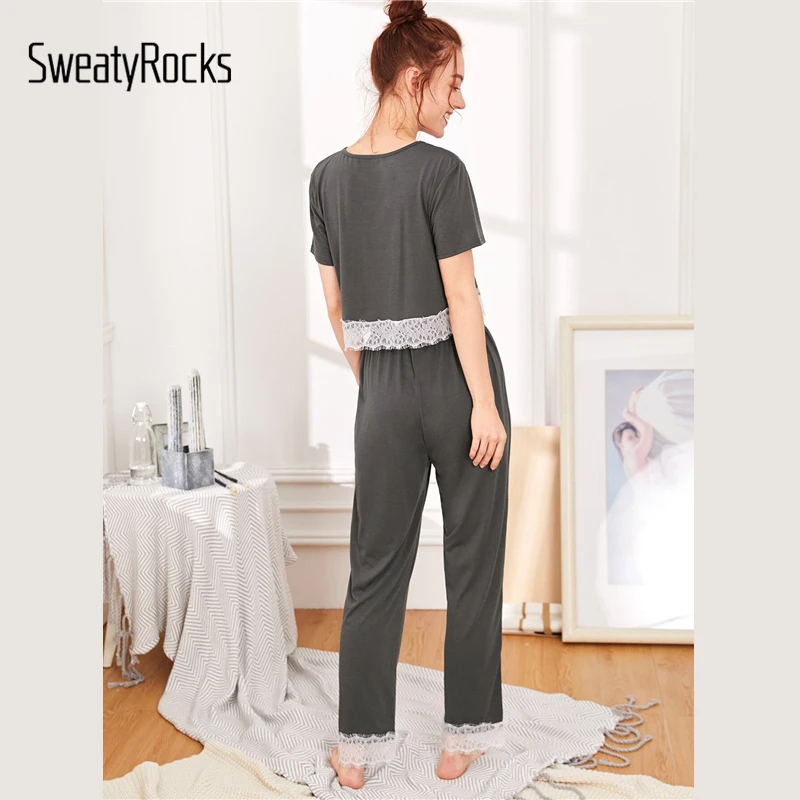 SweatyRocks, серый топ с кружевной отделкой и штаны, пижамный комплект, повседневный топ и длинные штаны, одежда для сна, летняя однотонная Пижама, женская одежда для сна