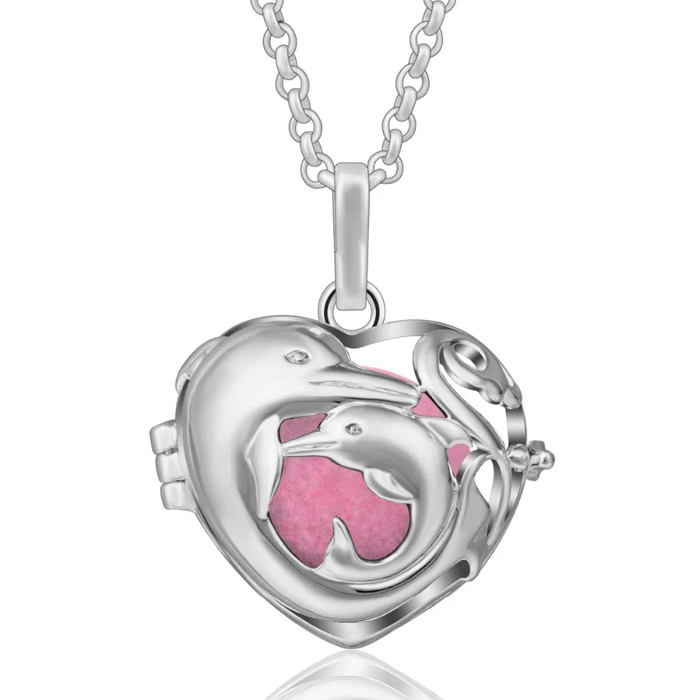 

Eudora Harmony 2 Dolphins Heart Aromatherapy Perfume Harmony Floating Locket Cage Essential Oils Pendant Necklace with Pompon
