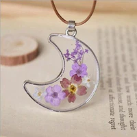 1pc creative moon pendant natural dried real flowers necklaces women pressed flower jewelry glass real flowers pendant necklace