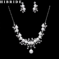 hibride new design long chain cz and pearl pendant necklace earring set bridal jewelry sets dress accessories n 265