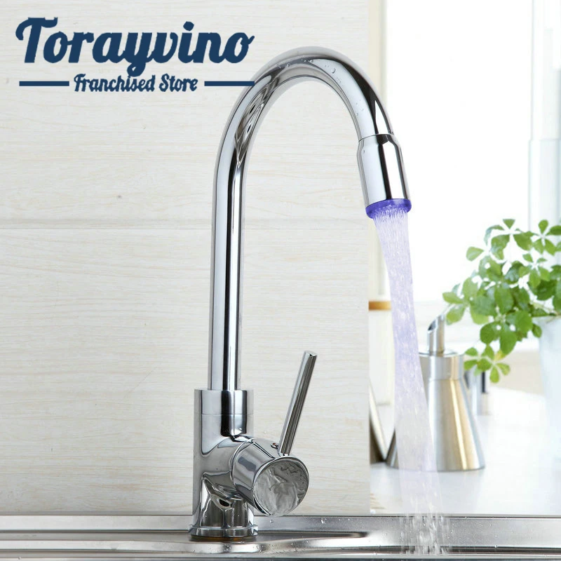 

Torayvino kitchen 360 Degrees Swivel Faucet LED Torneira Rotate single handle Chrome Brass Basin Faucet Cold & Hot Mixer Tap
