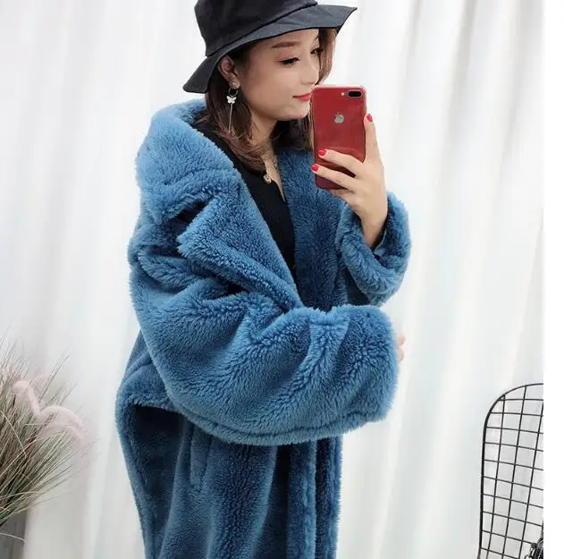 blue Harppihop* Новое поступление пальто из натурального овечьего меха длинное стильное шерстяное пальто верблюжье плюшевое пальто более размера зимнее женское пальто - Цвет: blue