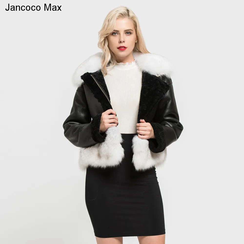Jancoco Max Новое поступление Женская куртка из натуральной овечьей кожи пальто с воротником из лисьего меха Подкладка из натурального меха модное пальто S7165