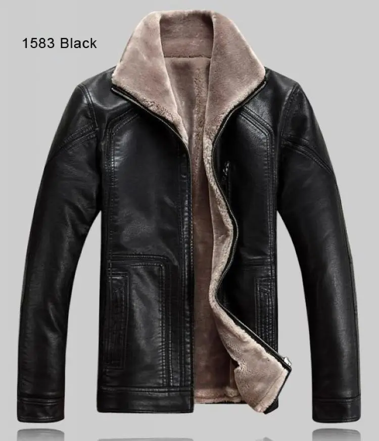 1583 black jacket Зимняя теплая мотоциклетная кожаная куртка мужская повседневная брендовая куртка роскошный мех овечья кожа Мужская меховая верхняя одежда дизайн плюс куртка - Цвет: 1583 black jacket