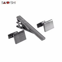 savoyshi classic square black laser stripe bussiness mens cufflinks tie clips set high quality necktie pin tie bars clip clasp