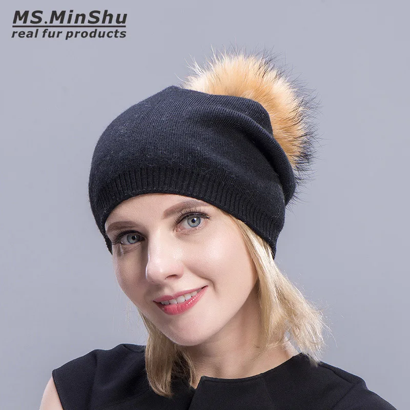 Ms. MinShu, кашемировые шапки для женщин, помпон, шапочки, меховая шапка, женские теплые шапки с натуральным мехом енота, помпон, шапка для взрослых