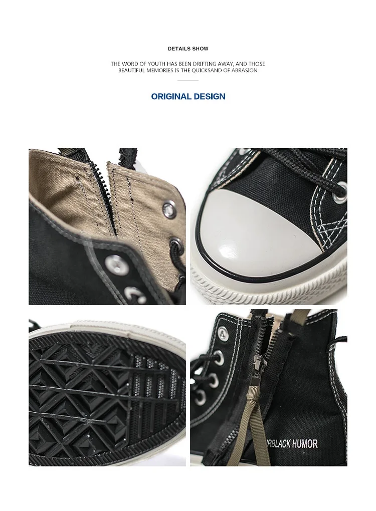 Men High Top Canvas Shoes Lace-up Sneakers Unisex Casual Shoes with Side Zipper Classic Retro Style Black High Quality Female