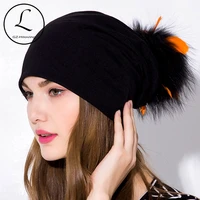 gzhilovingl 2018 new winter womens hat casual solid real feather fur pompom hat female cap warm cotton women beanies winter hat