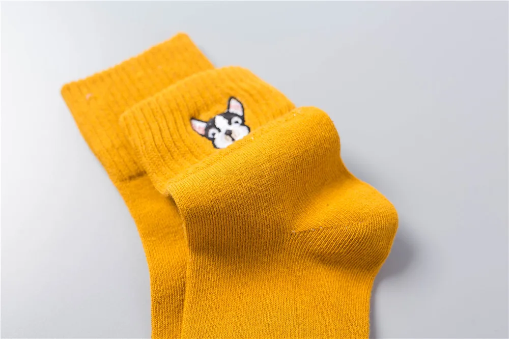 CHAOZHU Women Cute French Bulldog Embroidery Grey Green Pink Black Yellow Five Colors Cotton Knitting Winter Autumn Warm Socks