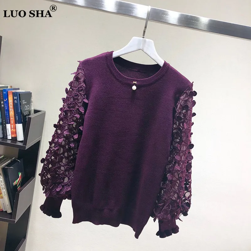 LUOSHA Women Autumn Winter Knitted Pullover And Sweater Female 3D Embroidery Lace Patchwork Lantern Sleeve Fashion Sueter Mujer | Женская
