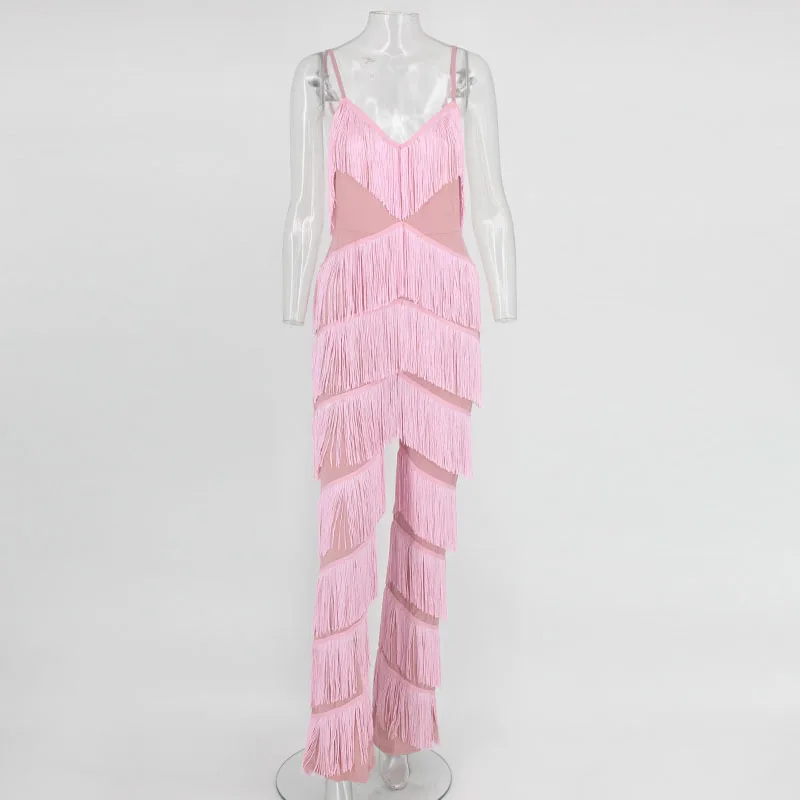 DRESSMECB, осенний комбинезон с кисточками, Женский Повседневный комбинезон на лямках, открытая спина, высокая талия, полная длина, однотонный Облегающий комбинезон
