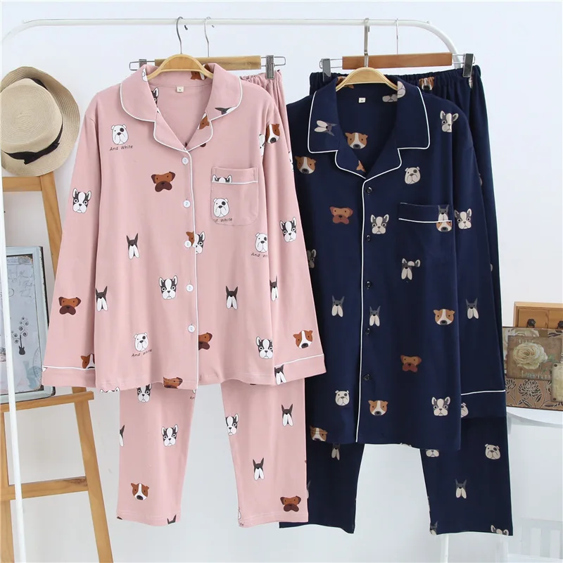 Повседневная Пижама для пары из хлопка, домашняя одежда для сна с собаками, зимняя пижама из хлопка с ворсом, женская пижама с длинным рукавом для женщин