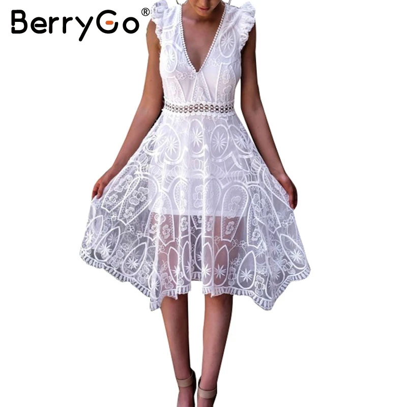 Berrygo V шеи Мягкий спинки белое кружевное платье на подкладке летнее женские