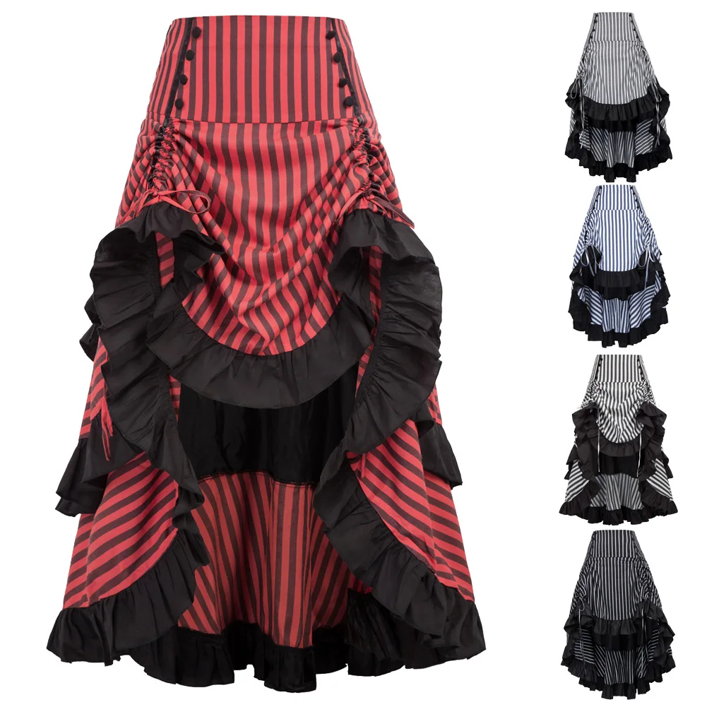 Длинная винтажная юбка в стиле стимпанк полоску со шнуровкой ретро для вечеринок