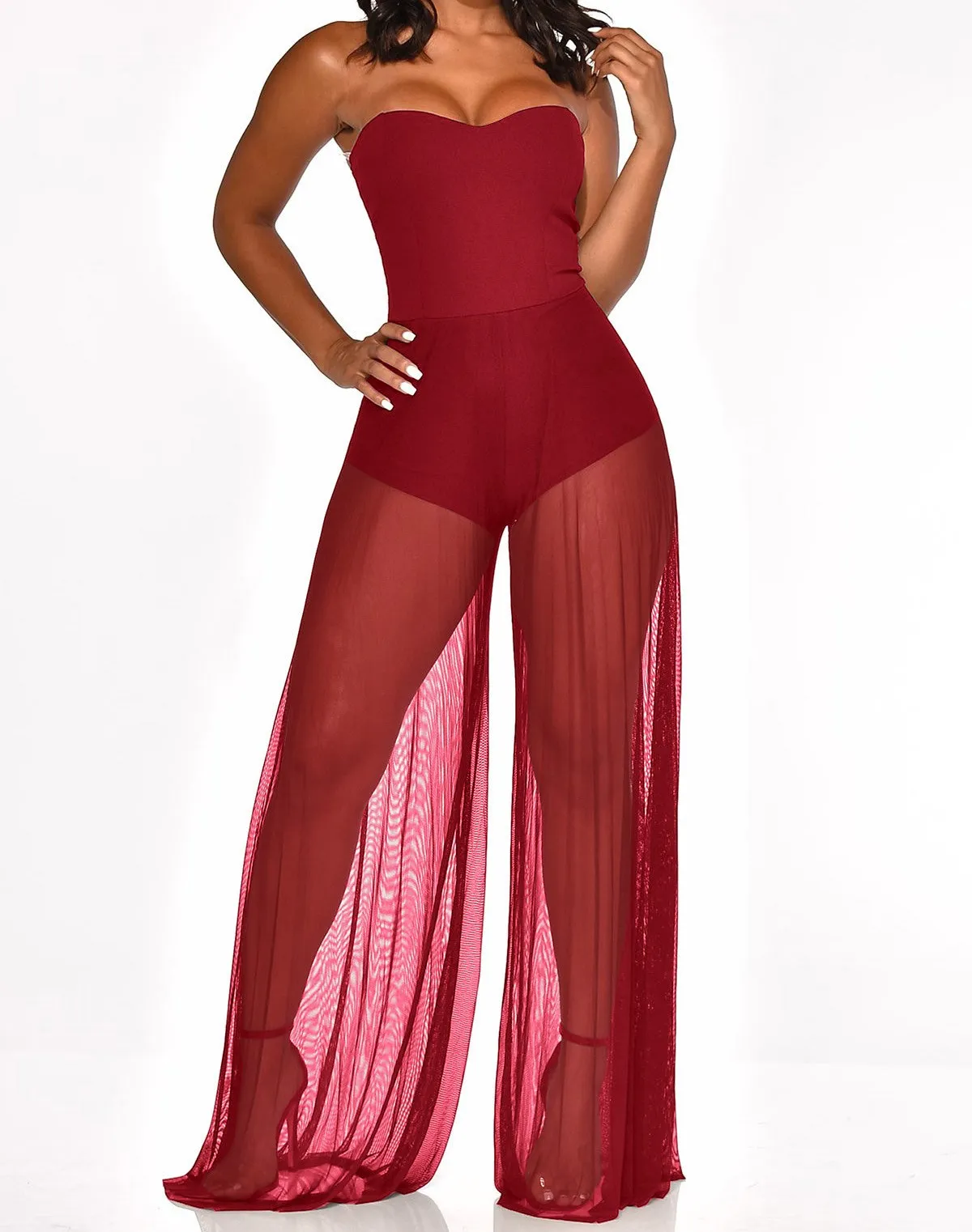 Женский прозрачный сетчатый комбинезон с открытыми плечами клубный без бретелек