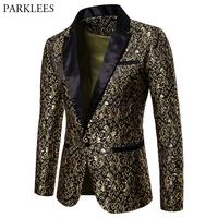 gold jacquard bronzing floral blazer men 2018 brand new mens patchwork one button blazer jacket party stage singer costume homme