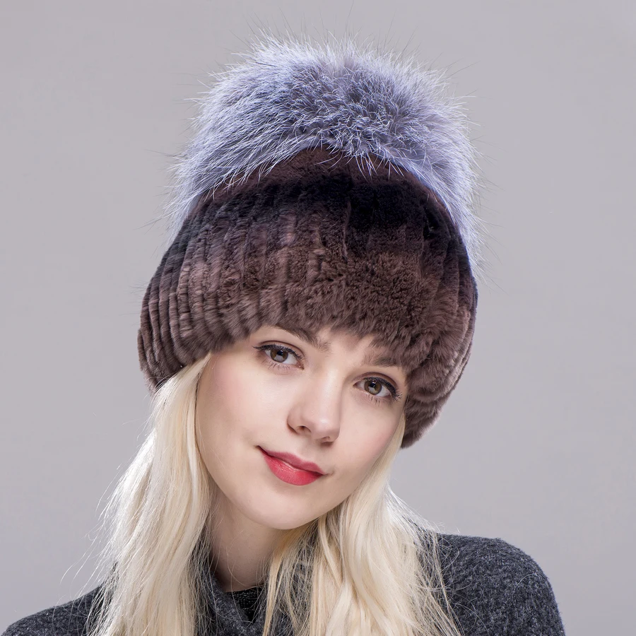 ZDFURS* зимняя меховая шапка для взрослых из кролика рекс для женщин с лисьими помпонами, вязаные шапки-бини, новые Брендовые повседневные Шапки хорошего качества - Цвет: coffee