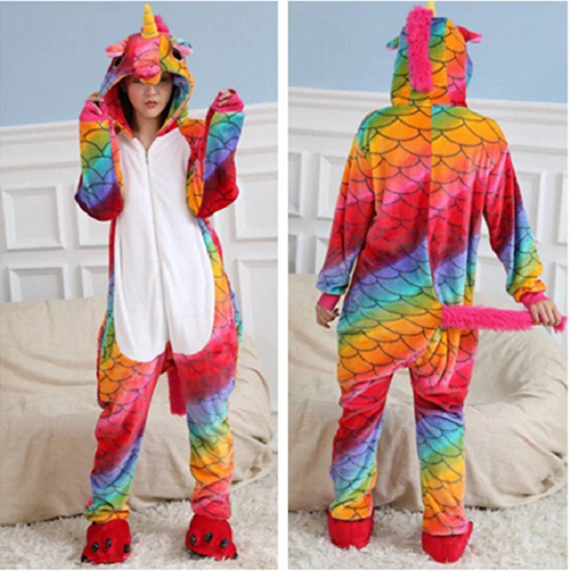 Onesie/ ; Пижама кигуруми в виде животных; комбинезон с единорогом; унисекс; женская одежда для сна с капюшоном; зимняя Фланелевая пижама с жирафом для взрослых - Цвет: Fish scale unicorn01