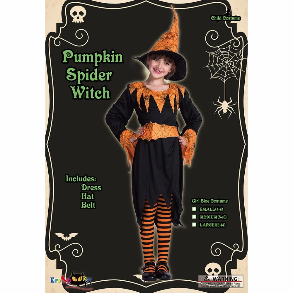 

Eraspooky halloween costume for kids 2018 children long sleeve costume dress with hat Pumpkim Spider Witch Costume for girls