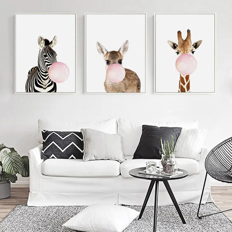 Nordic Cute Animals Zebra Giraffe Panda Canvas Painting Cartoon Bubbles Balloon Print Poster Art For Child Room | Дом и сад