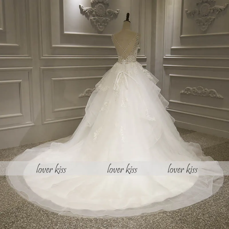 Lover Kiss Vestido De Noiva, сказочное гофрированное свадебное платье, кружевное платье принцессы, расшитое бисером, на бретельках, свадебные платья, торжественное платье de marie