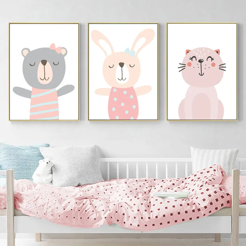 Kawaii настенный постер на холсте для детской комнаты медведь кот кролик принт