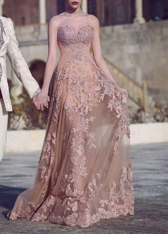 

Champagne Muslim Evening Dresses A-line Sweetheart Lace Formal Islamic Dubai Saudi Arabic Long Elegant Evening Gown Prom