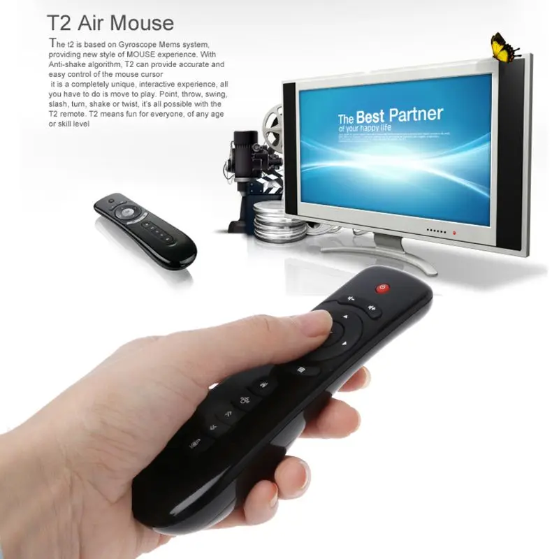 2.4GHz Fly Air Mouse T2 Remote Control Wireless With Microphone Mic Voice Search for 3D Gyro Motion Stick for Smart TV Box