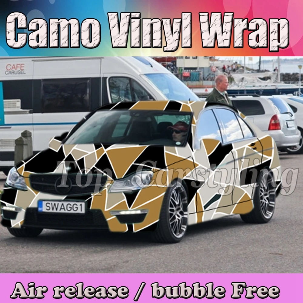 Черно желто белые камуфляжные виниловые оболочки для кузова автомобиля наклейка