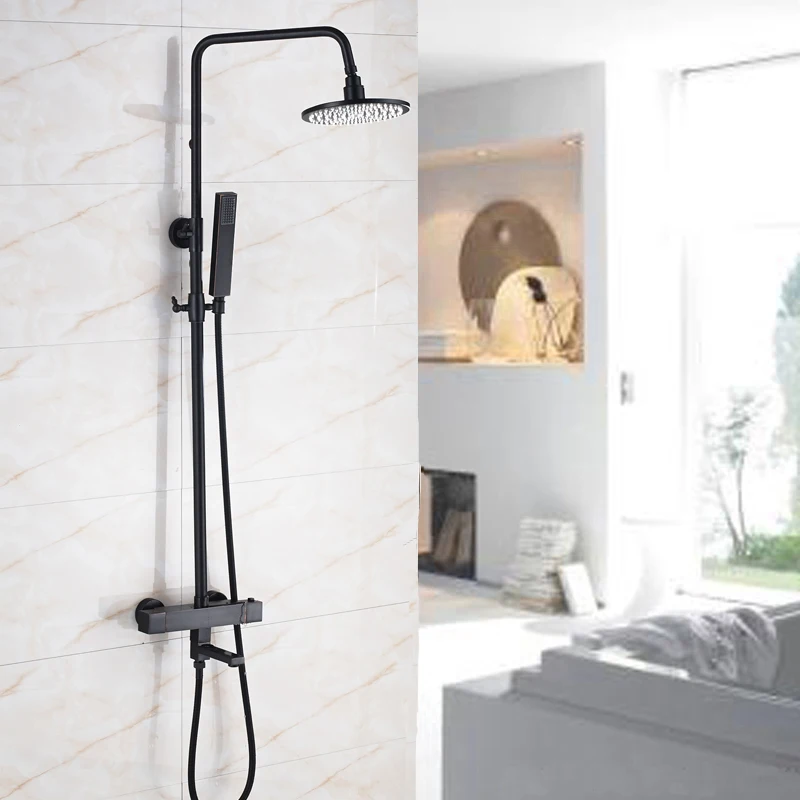 Black Color Dual Handle Thermostatic Bath &amp Shower Faucets 8 Inch Head and ABS Headheld Mixer Taps | Обустройство дома
