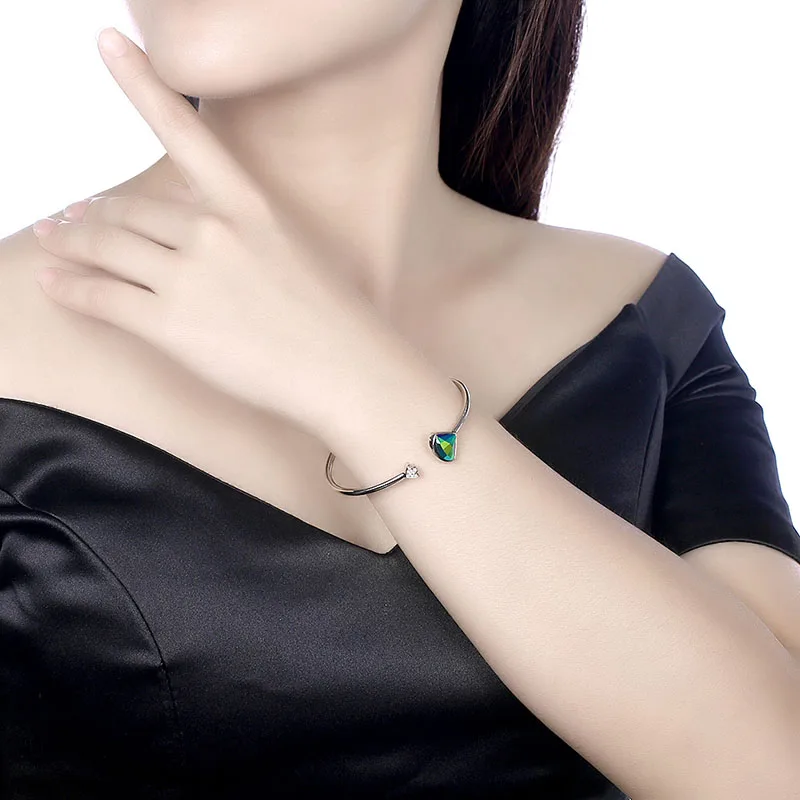 925 Sterling Silver Bangle With Crystal From Swarovski Open Bracelet For Women Adjustable Size Fine Jewelry Wedding Fashion Gift | Украшения