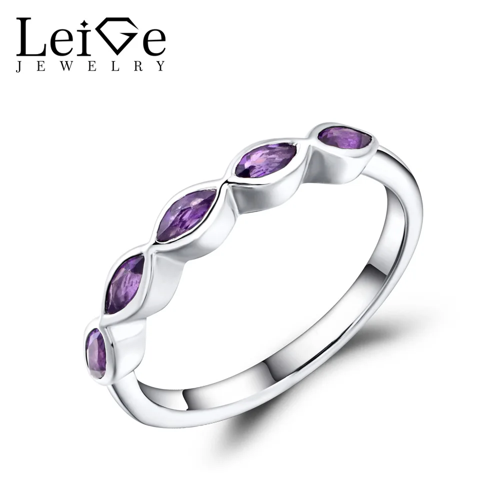 

Leige Jewelry Wedding Band Natural Amethyst Ring Marquise Cut Purple Gemstone Sterling Silver 925 Fine Jewelry Stackable Rings