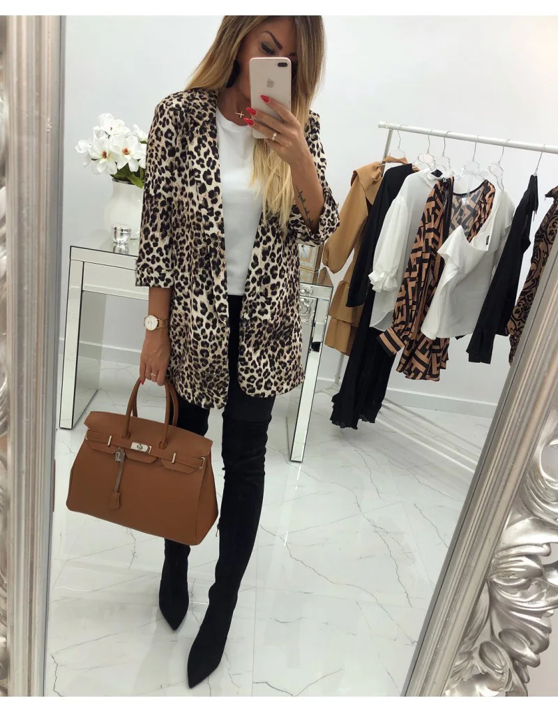 Модные женские леопардовые куртки с открытой строчкой костюмы 2018 тонкие