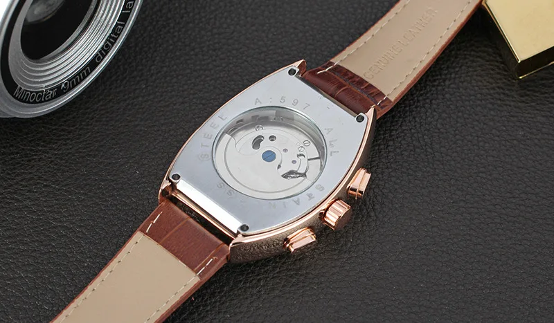 FORSINING мужские наручные часы Ретро Винтаж Tonneau розовое золото чехол турбийон Дата