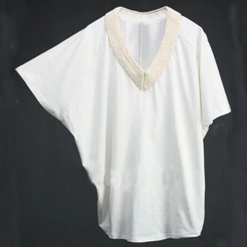 Mens Deep V-neck Weave Batwing Sleeve Loose T-shirts Brand Punk Fashion Soft Cotton Summer Top Tees Black White 2018 New | Мужская