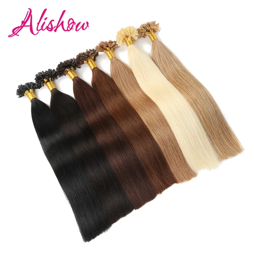 Alishow 100Strands  Pre Bonded Keratin Nail U Tip Remy Human Hair Extensions  1g/s 100g/Pack Straight Nail Tip Hair