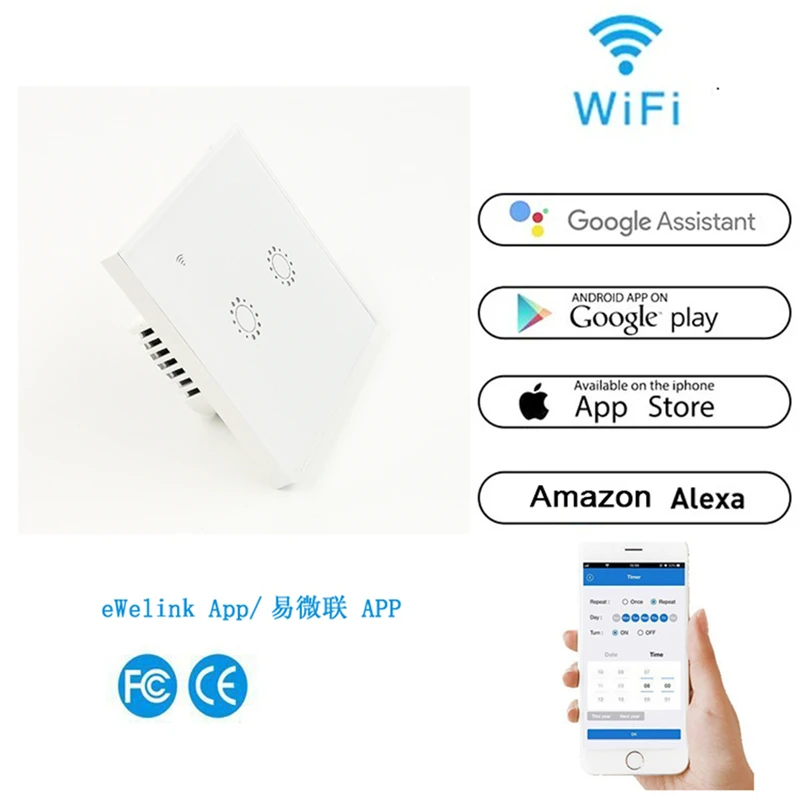 Панель настенного сенсорного выключателя Wi Fi 1/2/3 Gang работает с Alexa Google Home
